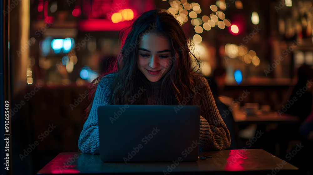 Focused Young Woman Working on Laptop in Cozy Cafe at Night Focused Young Woman Working on Laptop in Cozy Cafe at Night