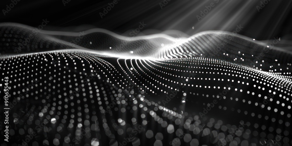 An abstract 3D render of a wavy line pattern composed of luminous dots, with shimmering particles adding a sense of energy and motion. An abstract 3D render of a wavy line pattern composed of luminous dots, with shimmering particles adding a sense of energy and motion.
