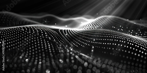 An abstract 3D render of a wavy line pattern composed of luminous dots, with shimmering particles adding a sense of energy and motion.