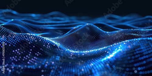 An abstract 3D render of a wavy line pattern composed of luminous dots, with shimmering particles adding a sense of energy and motion.