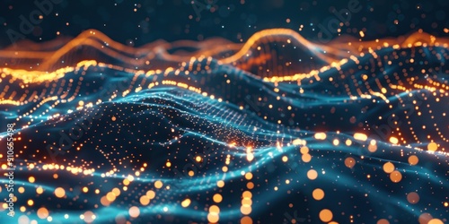 A 3D background with undulating dotted lines and glowing particles scattered throughout, creating a dynamic and futuristic visual effect.