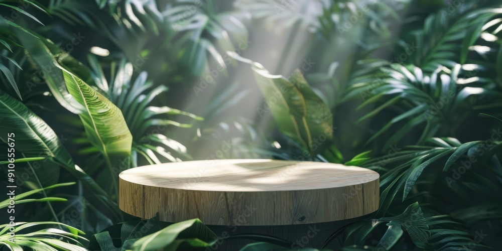 A modern 3D render featuring a sleek wooden podium surrounded by dense, green leaf patterns, with gentle light filtering through the leaves. A modern 3D render featuring a sleek wooden podium surrounded by dense, green leaf patterns, with gentle light filtering through the leaves.