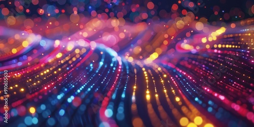 A modern 3D render with bright, multi-colored data lines streaming across the background, conveying a high-tech and futuristic vibe.