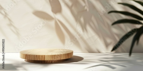 Wooden pedestal with leaf shadow arrangement for elegant product presentation.