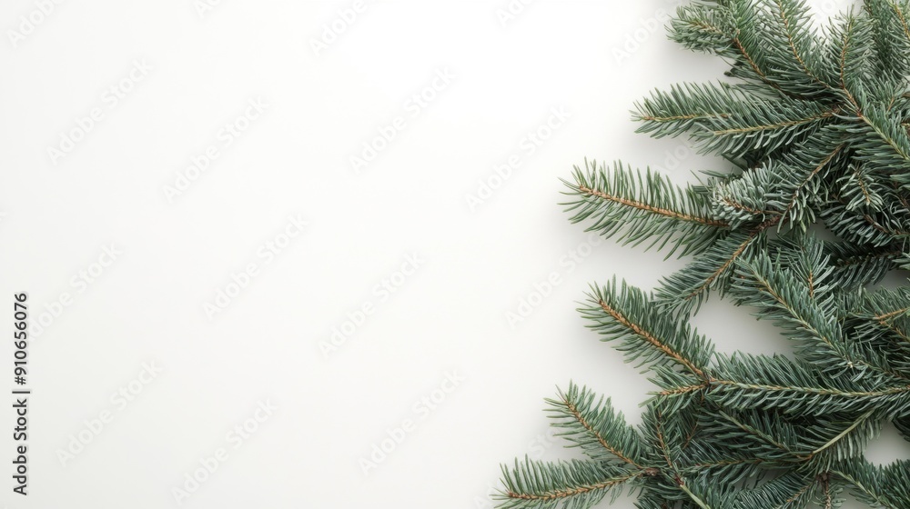 Fresh fir branches are arranged gracefully on a pristine white surface. Fresh fir branches are arranged gracefully on a pristine white surface.
