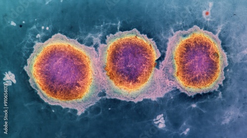 Detailed view of viral cells highlighting their structure and formation in a laboratory environment.