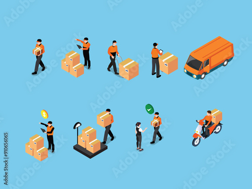 Delivery service, couriers, warehouse workers, round-the-clock work, a large set of symbols and concepts for creating 3d isometric vector illustration