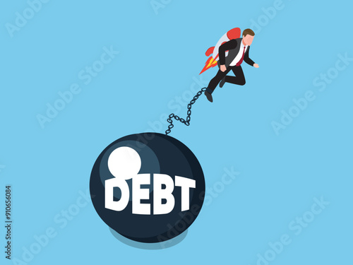 Businessperson Escaping Debt With Rocket Pack While Breaking Free From Heavy Ball and Chain 3d isometric vector illustration