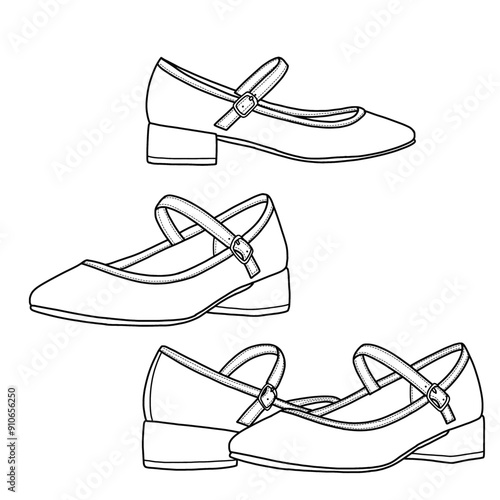 Template vector mary jane shoes, closed toe mary jane pumps hand-drawn collection, suitable for your custom mary jane shoes design. Outline vector doodle illustration