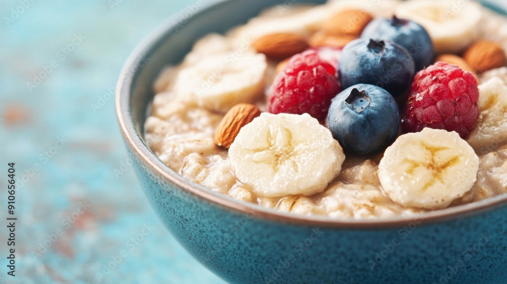 A vibrant bowl of oatmeal topped with bananas, berries, and almonds ready for a healthy breakfast. A vibrant bowl of oatmeal topped with bananas, berries, and almonds ready for a healthy breakfast.