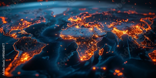 Global Network Map with Orange Glowing Lines. photo