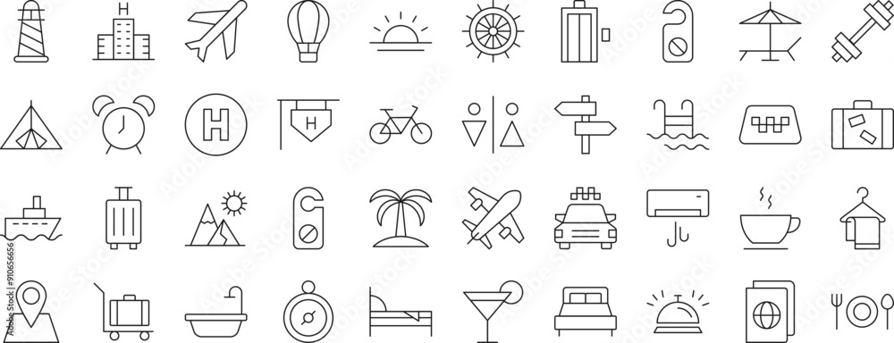 Collection of Icons of hotel, vacation, travel for Shops and Stores. Suitable for books, stores, shops. Editable stroke in minimalistic outline style. Symbol for design Collection of Icons of hotel, vacation, travel for Shops and Stores. Suitable for books, stores, shops. Editable stroke in minimalistic outline style. Symbol for design