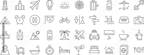 Collection of Icons of hotel, vacation, travel for Shops and Stores. Suitable for books, stores, shops. Editable stroke in minimalistic outline style. Symbol for design