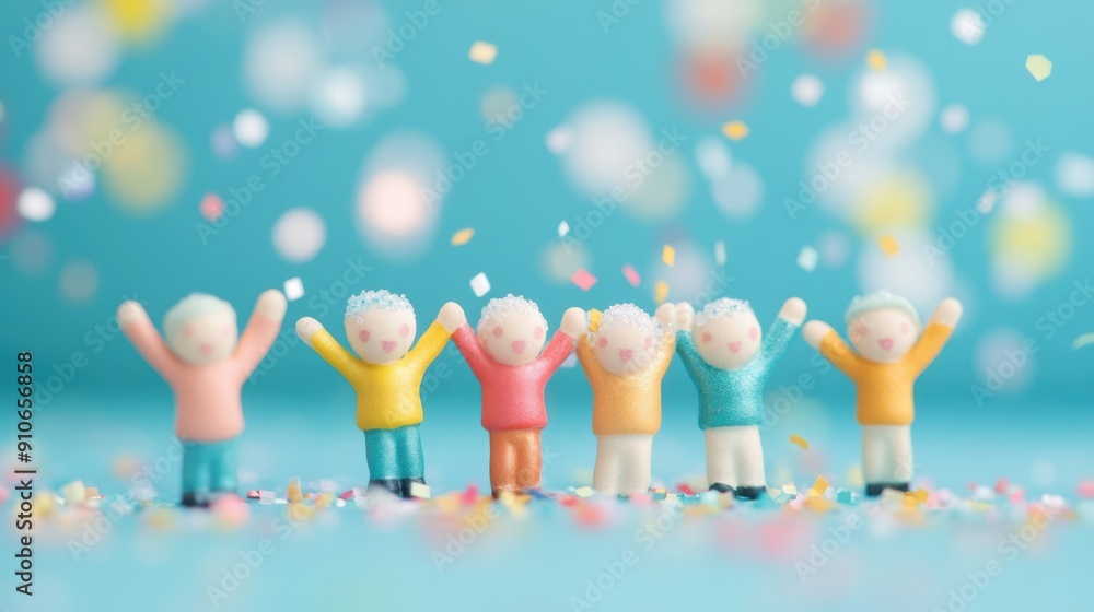 Miniature figures joyfully celebrate their success, surrounded by colorful confetti in a festive atmosphere. Miniature figures joyfully celebrate their success, surrounded by colorful confetti in a festive atmosphere.