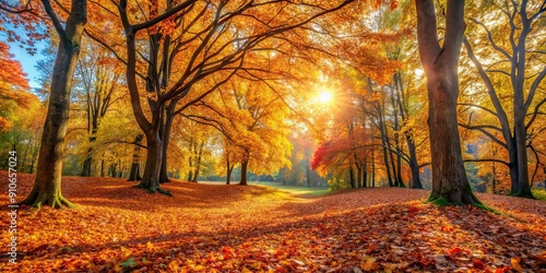 Autumn landscape with colorful trees and fallen leaves, perfect for rest and relaxation in the forest, autumn, landscape