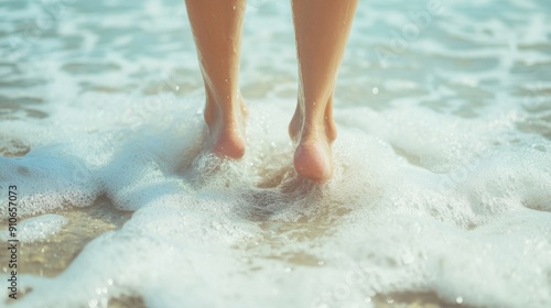 Feet wade through warm ocean waves at the beach, capturing a moment of peaceful connection with nature.