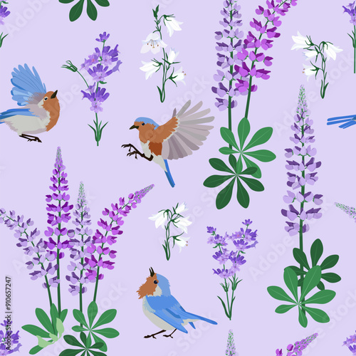 ОSeamless vector illustration with field bells, lupines, lavender and birds. To decorate textiles, packaging.