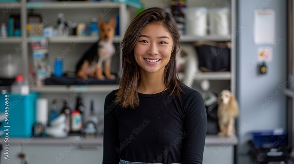 A photo of an Asian female designer and her dog