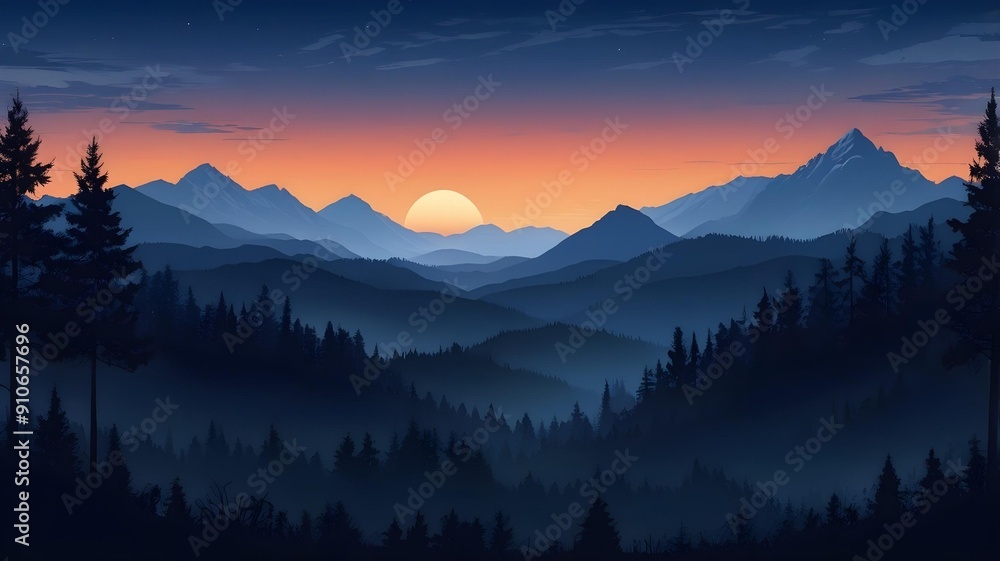 Obraz premium Sunrise Over Misty Mountain Landscape