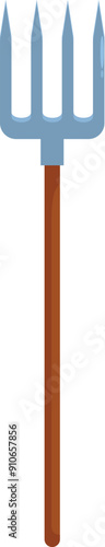 This pitchfork is ready to be used for farm work, featuring a wooden handle and four sharp tines