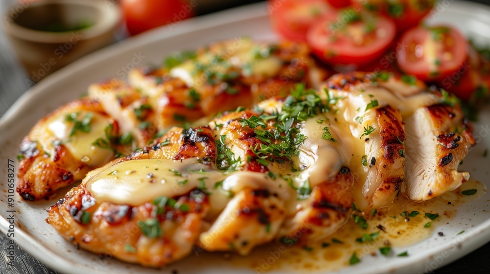 Sliced apple chicken with melted cheese and sliced tomatoes on a white plate Sliced apple chicken with melted cheese and sliced tomatoes on a white plate