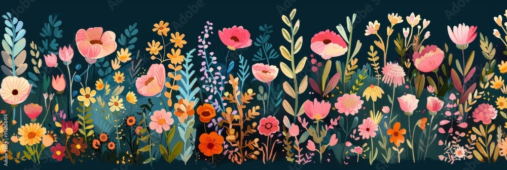 Hand-drawn gouache flower pattern with a vibrant, whimsical design Infuses projects with Hand-drawn gouache flower pattern with a vibrant, whimsical design Infuses projects with