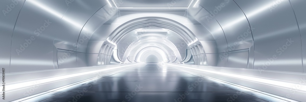 Futuristic white and silver 3D room tunnel, bathed in soft ambient light Modern corridor design Futuristic white and silver 3D room tunnel, bathed in soft ambient light Modern corridor design