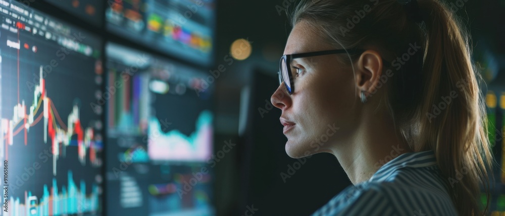 Focused woman closely analyzing financial data on multiple computer screens in a modern office setting, engaged in stock market trading. Focused woman closely analyzing financial data on multiple computer screens in a modern office setting, engaged in stock market trading.