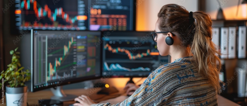 Trader analyzing multiple financial charts on computer monitors in home office, working late hours with technology and data. Trader analyzing multiple financial charts on computer monitors in home office, working late hours with technology and data.