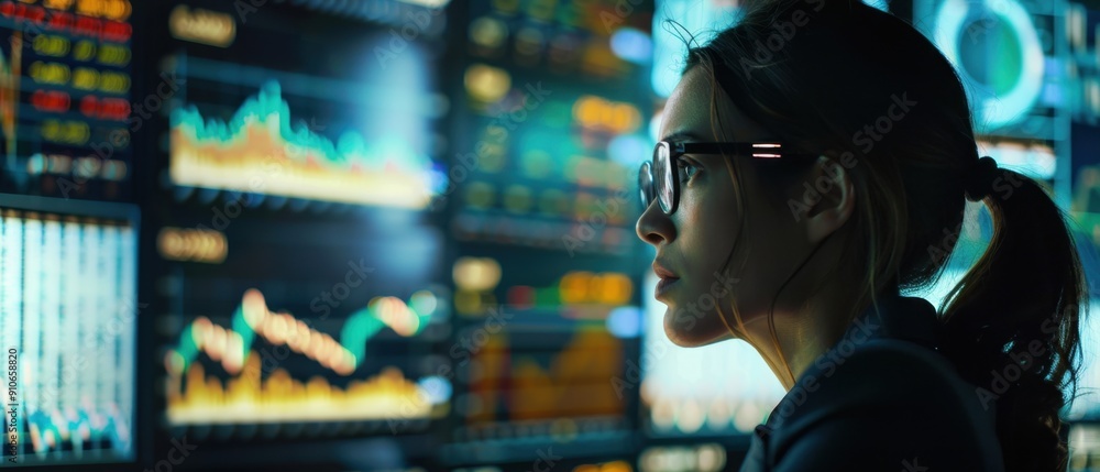 Woman analyzing stock market data on multiple screens in high-tech office, focusing on financial trends and investment opportunities. Woman analyzing stock market data on multiple screens in high-tech office, focusing on financial trends and investment opportunities.