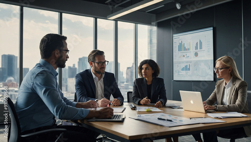 a group of people in a meeting Business people working in a conference room