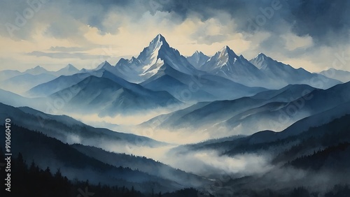 Watercolor-style landscape painting featuring a range of majestic mountains