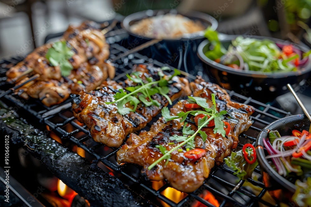 Close-up of grilled pork skewers (Moo Ping) on the stove, delicious street food. Generative AI Close-up of grilled pork skewers (Moo Ping) on the stove, delicious street food. Generative AI