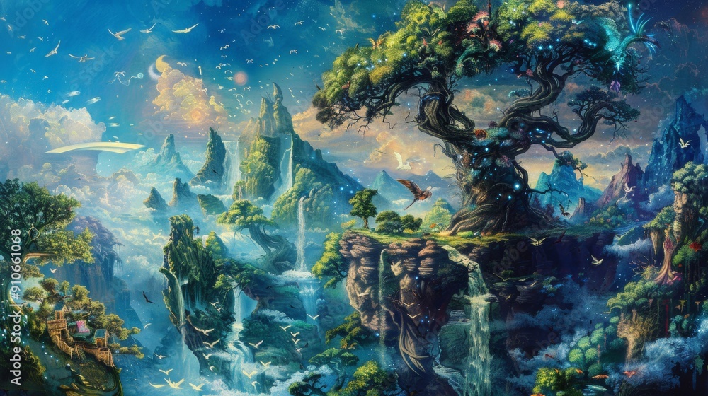 Fototapeta premium illustration of Paradise landscape with beautiful gardens, waterfalls, mushrooms and flowers in the background.