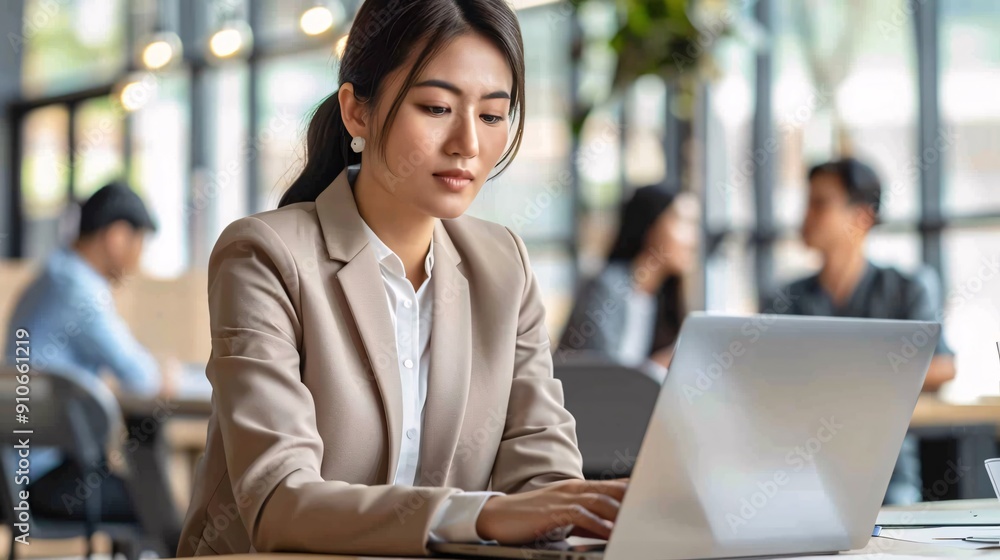Ultra-sharp focus on an Asian businesswoman working on a laptop with coworkers discussing in the background Ultra-sharp focus on an Asian businesswoman working on a laptop with coworkers discussing in the background