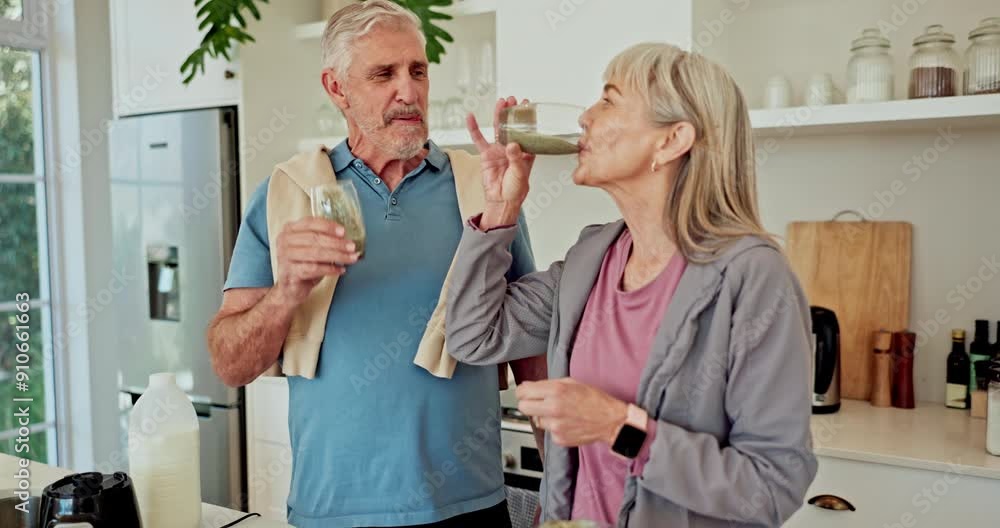 Senior couple, smoothie and happy in kitchen with toast for workout, wellness and supplements in home. People, woman and man with protein, green juice and cheers for achievement with fitness in house Senior couple, smoothie and happy in kitchen with toast for workout, wellness and supplements in home. People, woman and man with protein, green juice and cheers for achievement with fitness in house