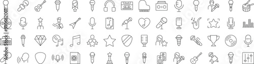 Line Signs of music, singer, microphone for Adverts. Suitable for books, stores, shops. Editable stroke in minimalistic outline style. Symbol for design