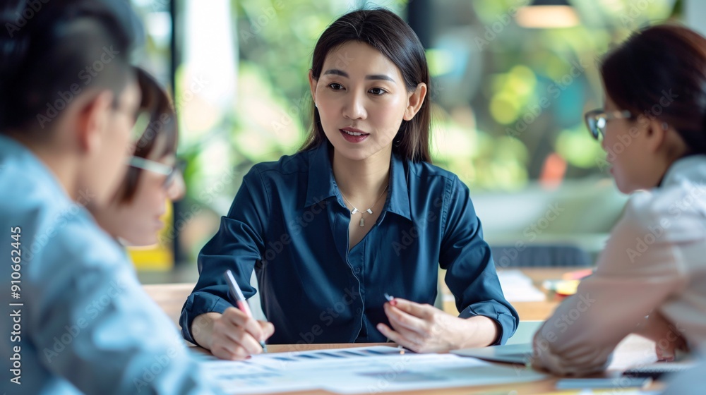 Ultra-sharp focus on an Asian businesswoman explaining a project plan to coworkers, clear and detailed Ultra-sharp focus on an Asian businesswoman explaining a project plan to coworkers, clear and detailed