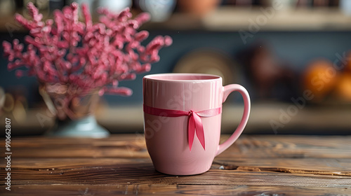 a pink mug with a ribbon on it