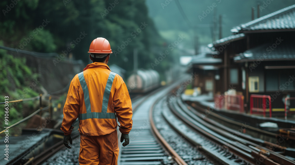 Fototapeta premium 鉄道の線路の点検をする作業員