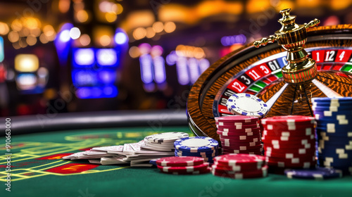 A pile of poker chips sits on a green table in front of a roulette wheel. The scene is set in a casino, with the roulette wheel and other casino games visible in the background photo