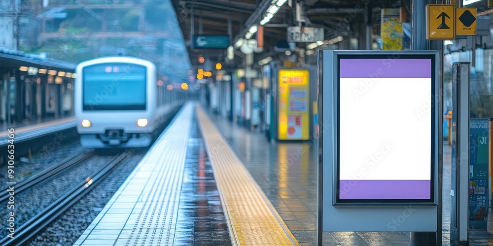 Obraz premium Blank Advertisement on a Train Platform in Japan,empty white blank billboard in japan train station, Mock up white blank Billboard Media Advertising Poster template at train Station city street 