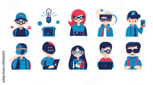 Tech Savvy Avatars: Diverse and Stylish: A collection of 10 unique and colorful avatars representing modern tech enthusiasts, highlighting diversity, individuality, and a passion for innovation. Each 
