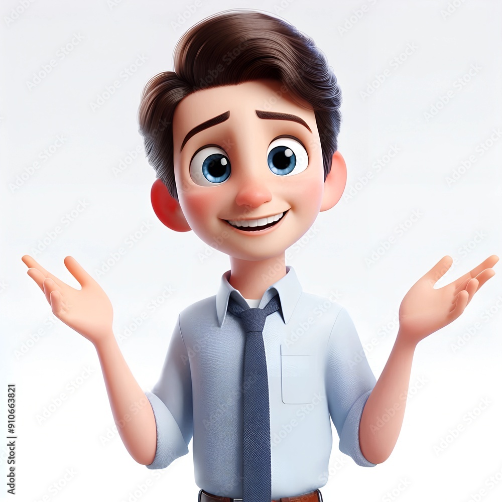 3d charachter a young man smilling with hands up, white background 3d charachter a young man smilling with hands up, white background