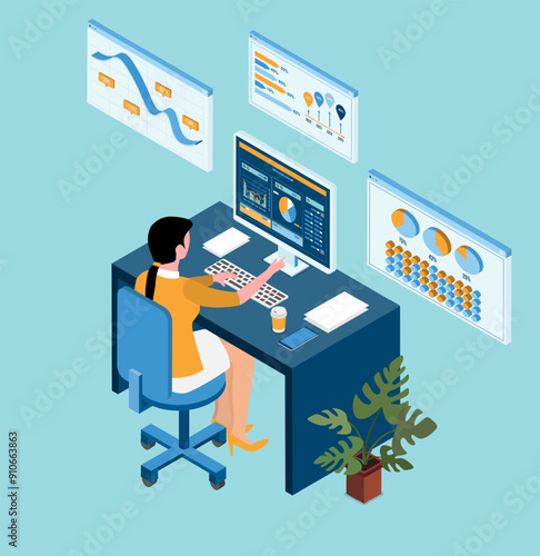 A businesswoman is working online from her home office, utilizing a computer to access a web-based dashboard displaying data analysis graphs on the monitor. isometric Vector illustration eps10