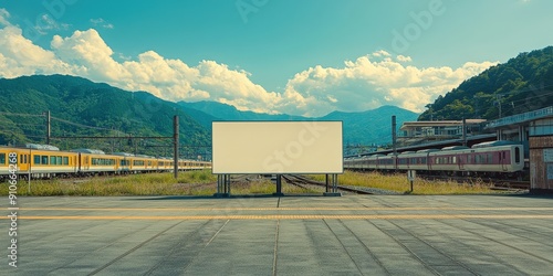 Blank Billboard in a Train Station with Mountain View,empty white blank billboard in japan train station, Mock up white blank Billboard Media Advertising Poster template at train Station city street	