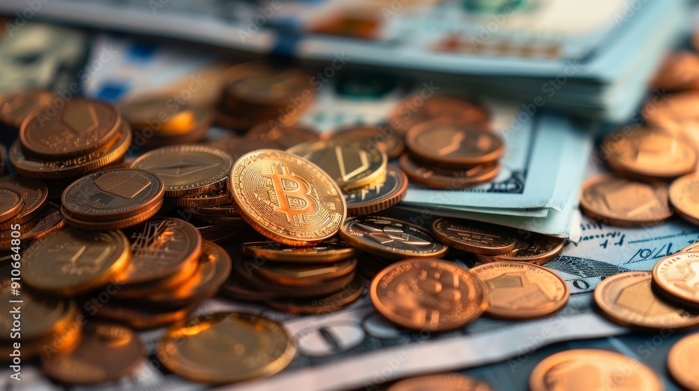 Budget spreadsheet with scattered coins and cash, bills, copy space, deep depth of field, cover all objects Budget spreadsheet with scattered coins and cash, bills, copy space, deep depth of field, cover all objects