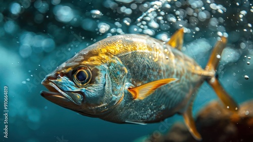 A vividly colored tropical fish is seen leaping from the water to catch a meal. The scene captures the dynamic nature of marine life.