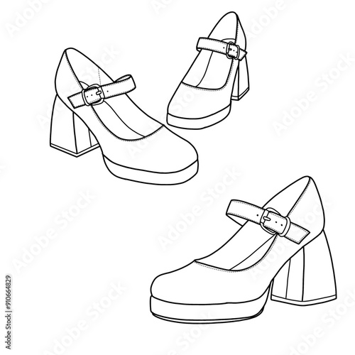 Template vector mary jane shoes, women's high chunky platform closed-toe mary jane hand-drawn collection, suitable for your custom mary jane shoe design. Outline vector doodle illustration