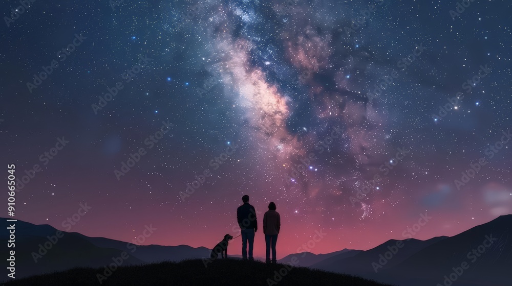 Group with dog, Milky Way over hills, 3D rendering, realistic, soft lighting Group with dog, Milky Way over hills, 3D rendering, realistic, soft lighting